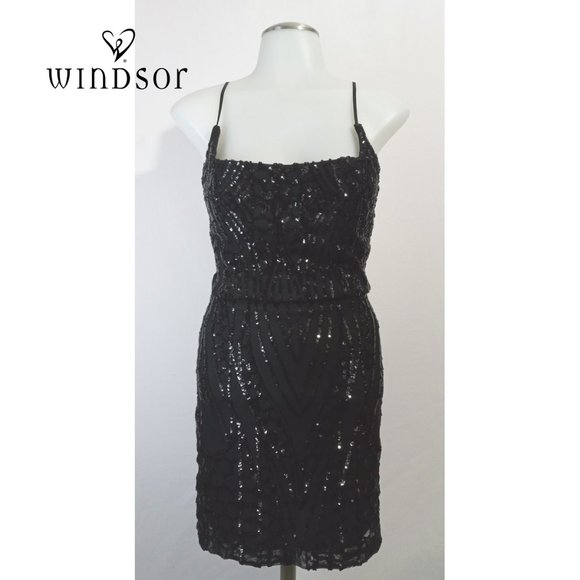 Windsor Lissie Black Formal Sequin Mini Dress Fully Lined Bodycon Sz 1/2 - Picture 2 of 9